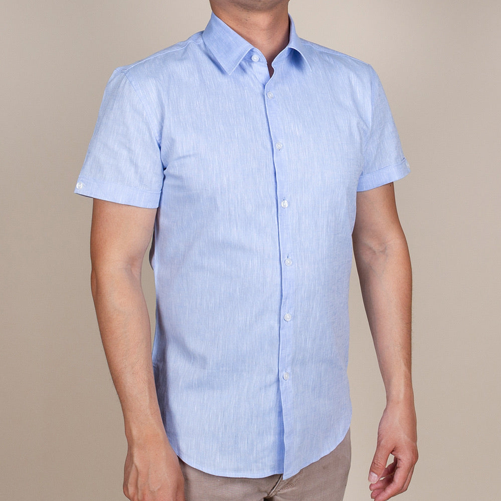 light blue linen collared button up shirt short sleeve - Model 5'5”, 120 lb wearing Size N2 — blue linen cotton slim fit