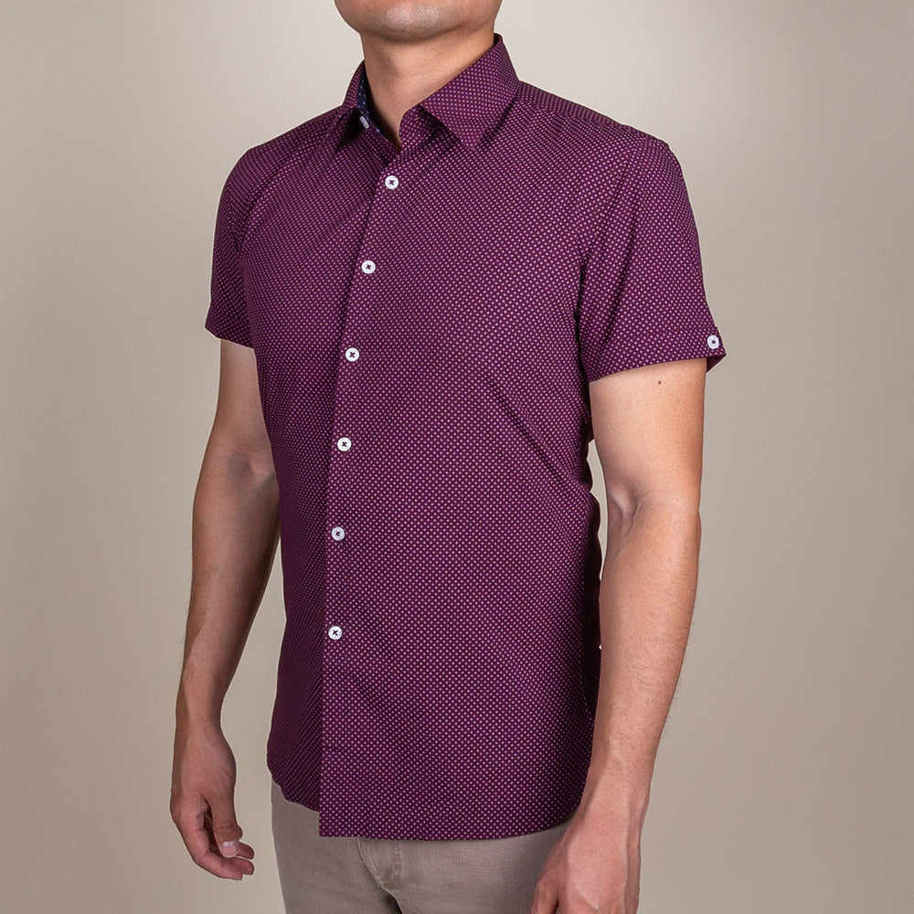 maroon button up collared shirt short sleeve