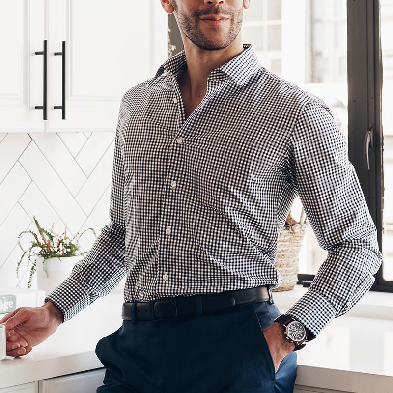 model is 6'0" and 150 lbs wearing size n3 in 100% cotton gingham weave slim fit
