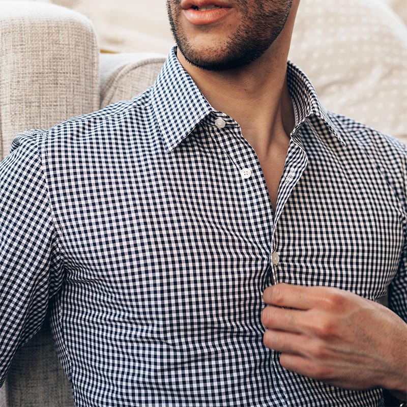 model is 6'0" and 150 lbs wearing size n3 in 100% cotton gingham weave slim fit