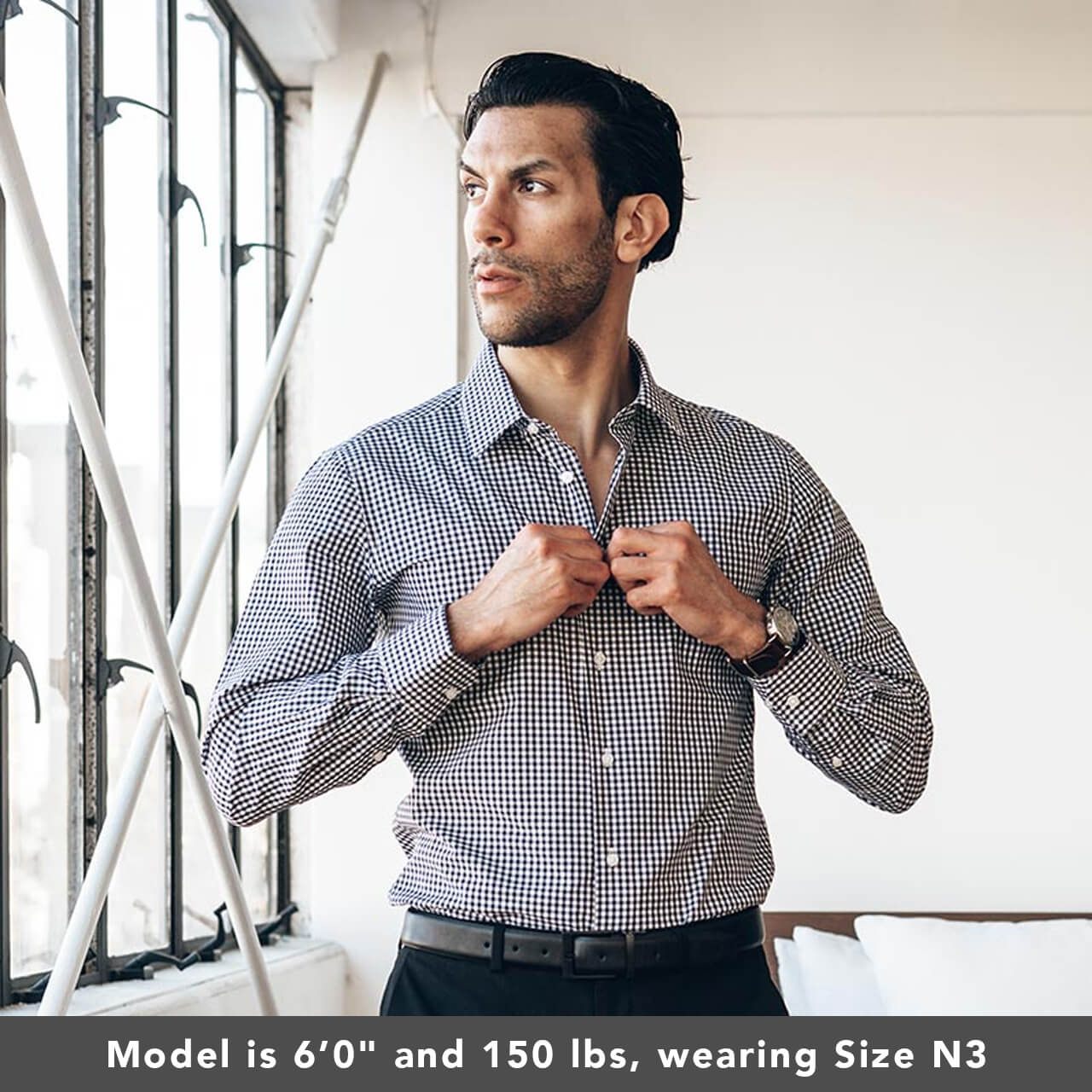 model is 6'0" and 150 lbs wearing size n3 in 100% cotton gingham weave slim fit