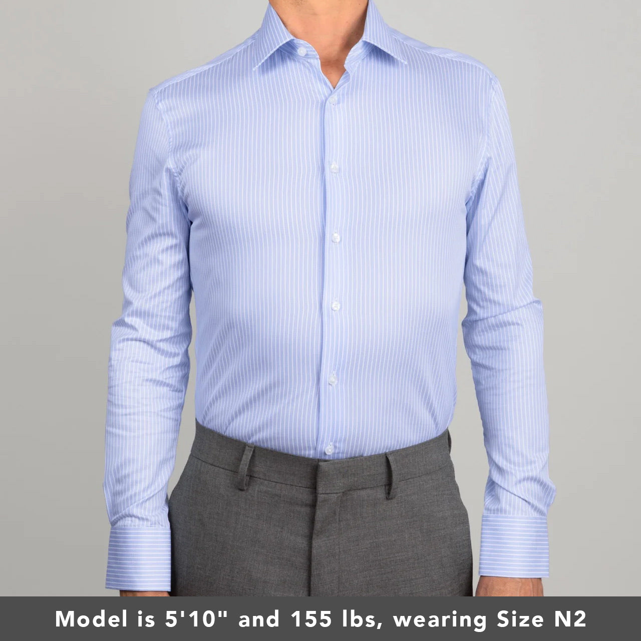 model is 5'10" 155 lbs and wears size N2 in blue white striped 100% cotton