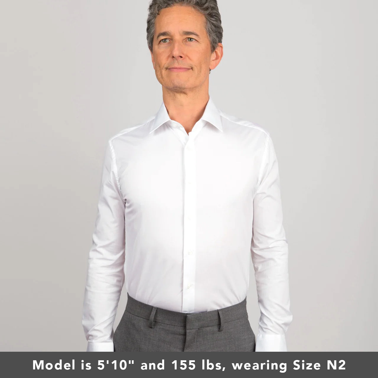 model is 5'10" and 155 lbs wearing size n2 in white broadcloth weave slim fit