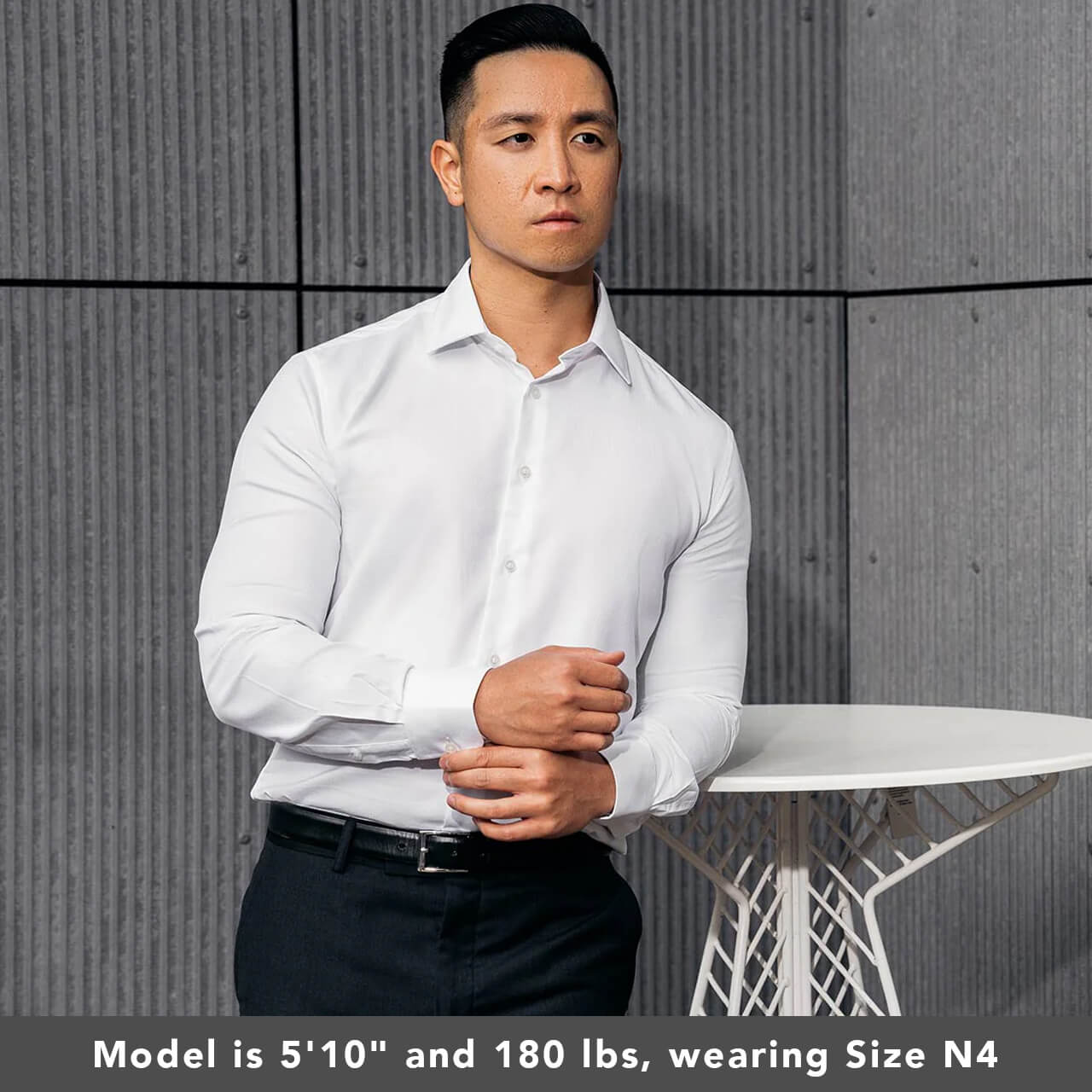 model is 5'10" and 180 lbs weawring size n4 of 100% cotton white dobby weave