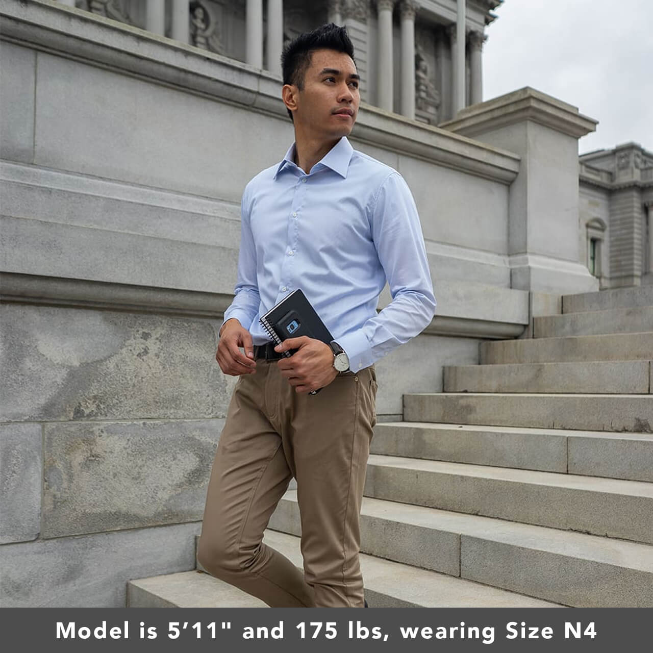 model is 5'11" and 175 lbs wearing size n4 in 100% cotton twill weave slim fit
