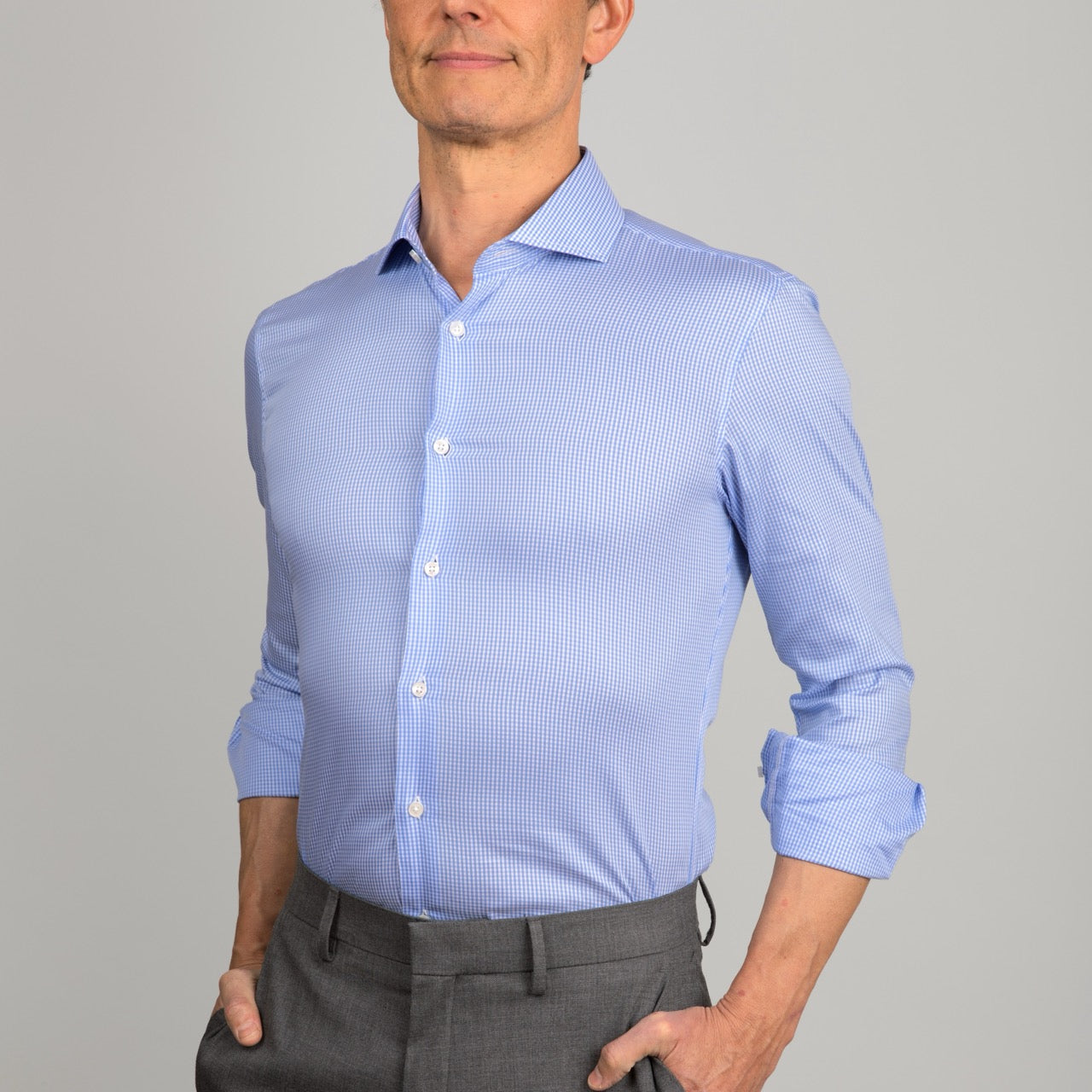 model is 5'10 155 lbs wearing size N2 in check cutaway collar shirt