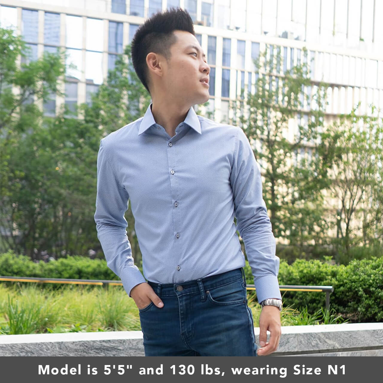 model is 5'5" 130 lbs wearing size n1 in 100% cotton smooth weave slim fit