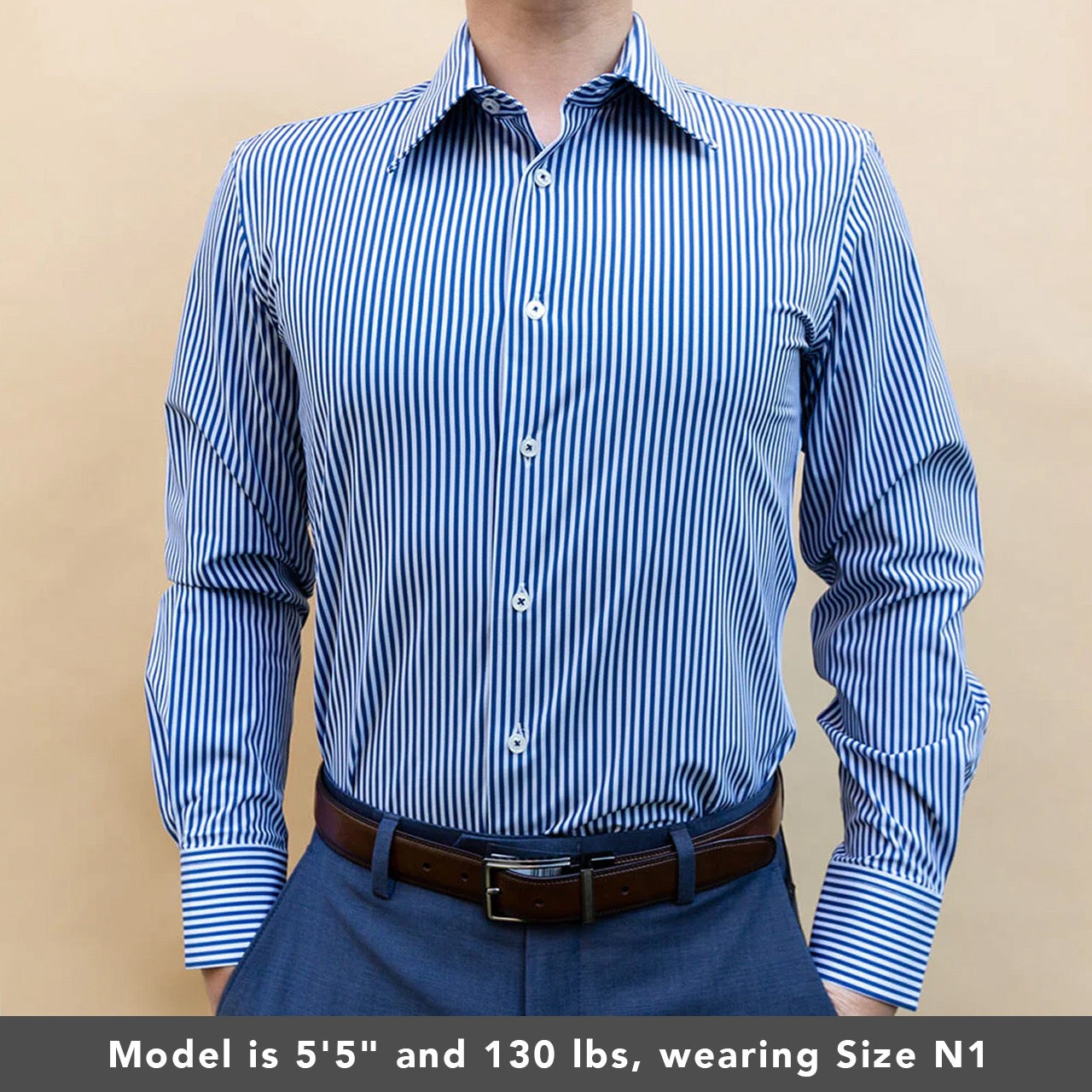 model is 5'7" 130 lbs wearing size n1 in non iron striped weave slim fit
