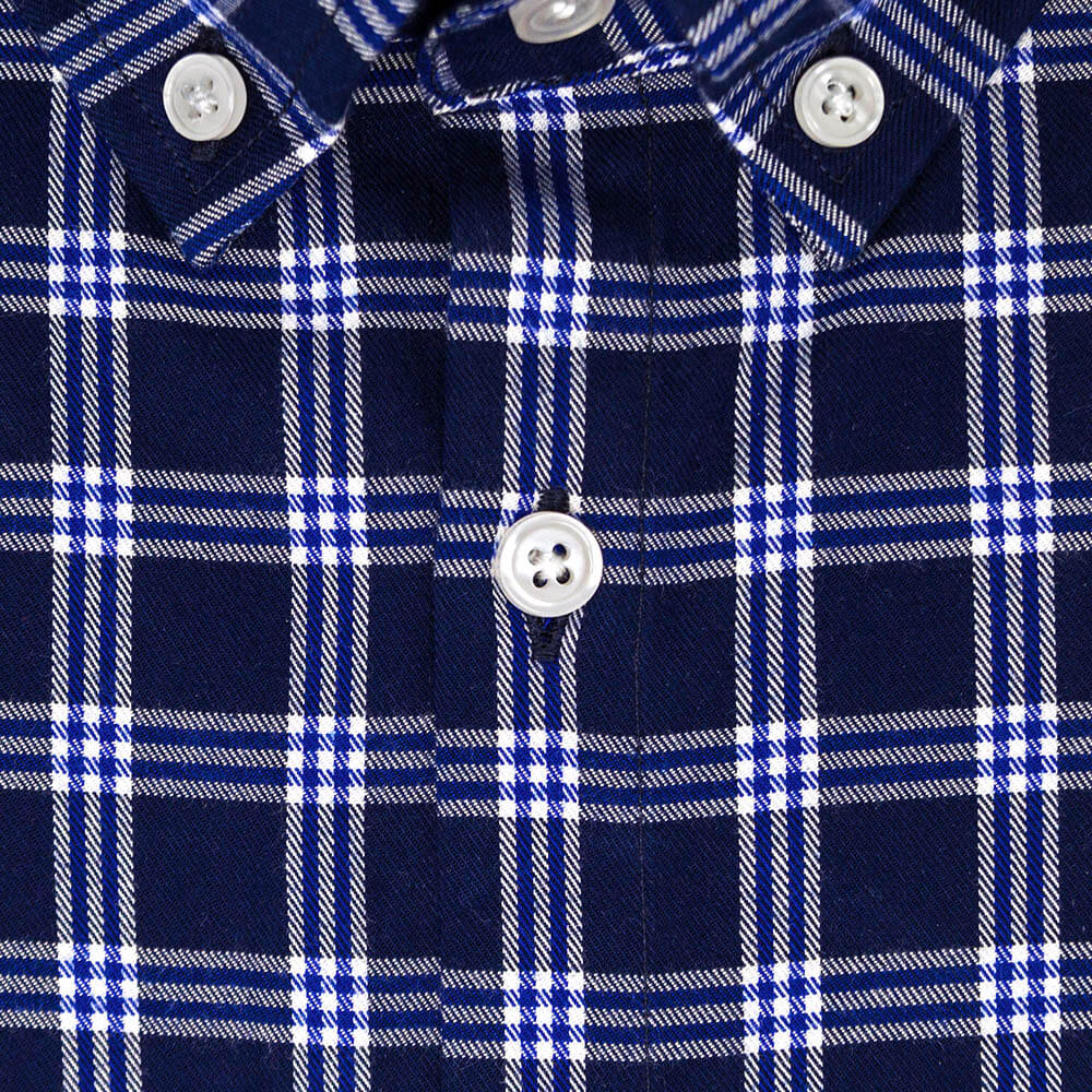 blue and white button down collar cotton flannel shirt for men