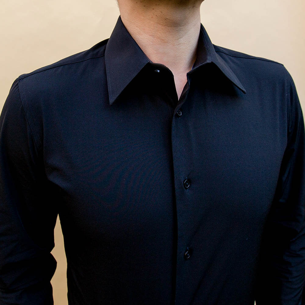 solid black non iron 4 way stretch dress shirt slim fit for men | Slim Fit Black Dress Shirt | Shop Performance Collared Button Up