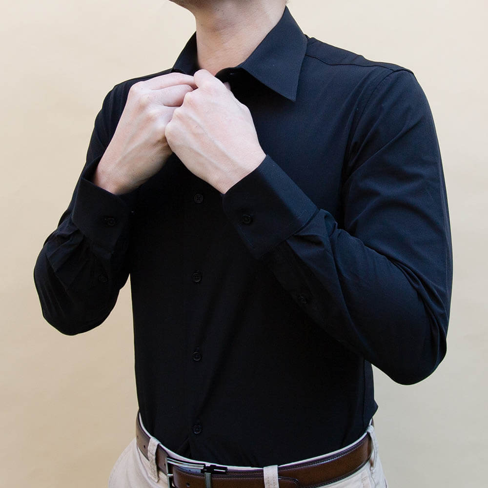 solid black non iron 4 way stretch dress shirt slim fit for men | Slim Fit Black Dress Shirt | Shop Performance Collared Button Up