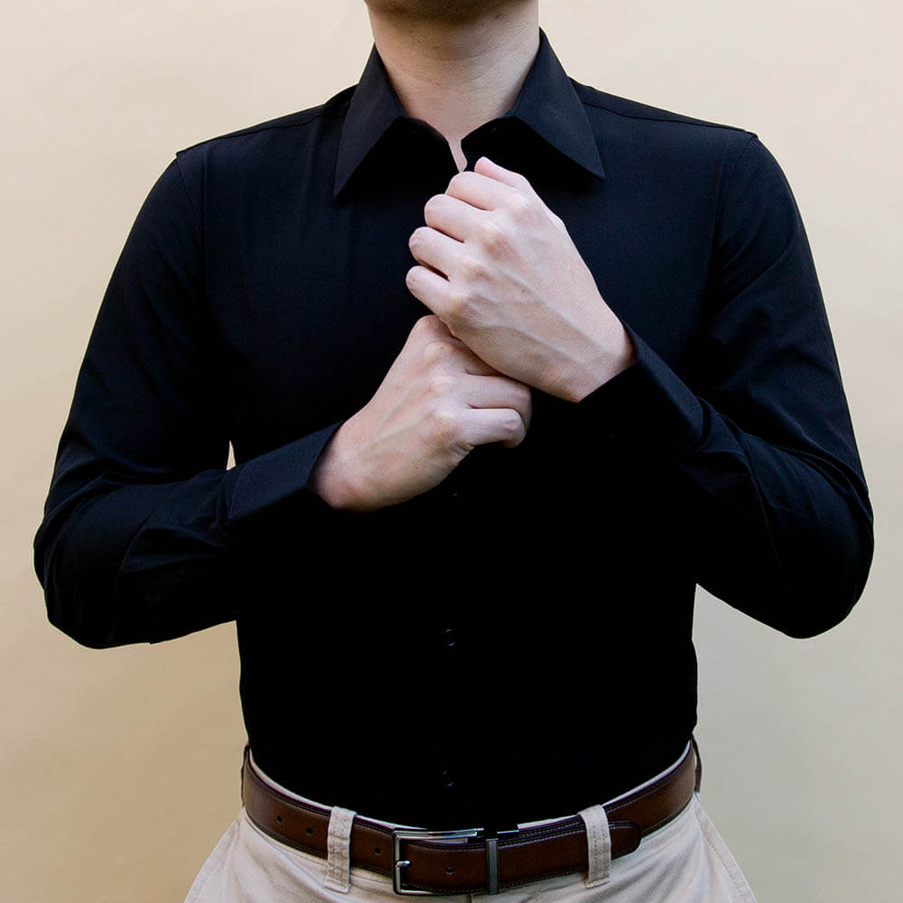 solid black non iron 4 way stretch dress shirt slim fit for men | Slim Fit Black Dress Shirt | Shop Performance Collared Button Up