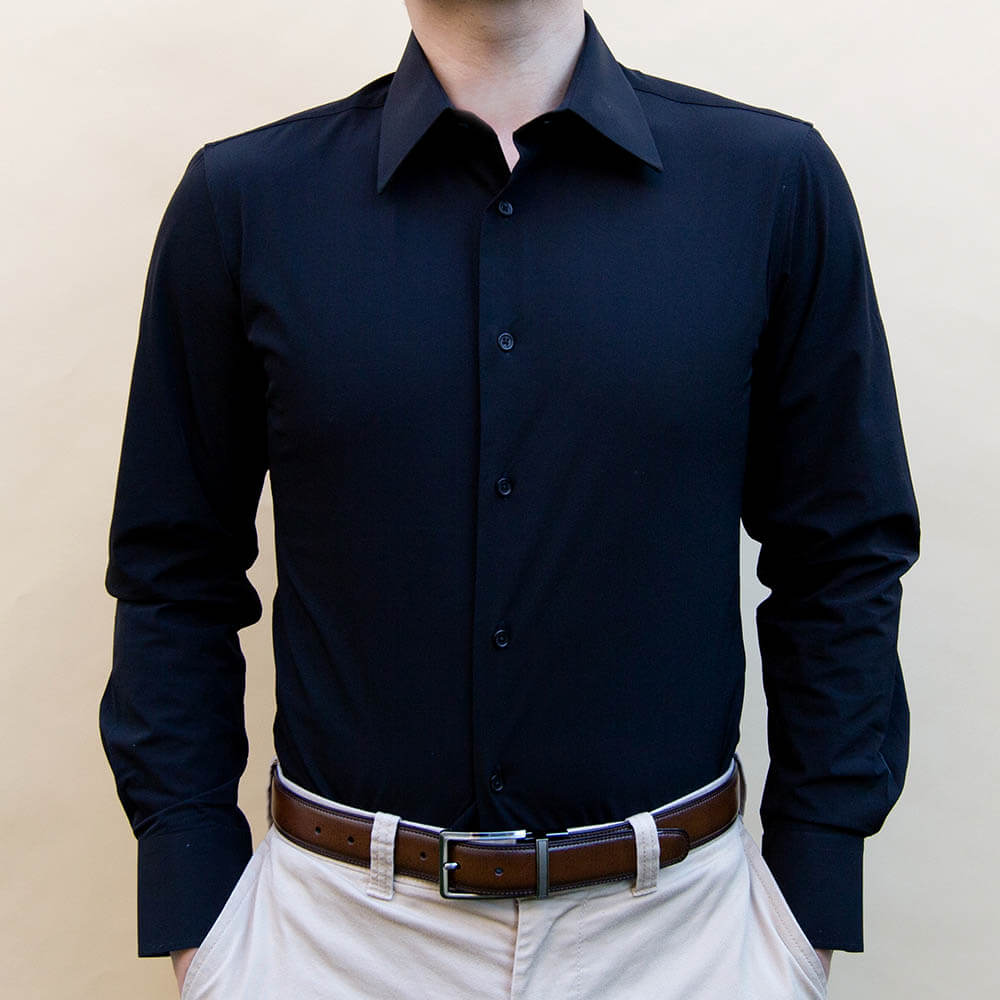 solid black non iron 4 way stretch dress shirt slim fit for men | Slim Fit Black Dress Shirt | Shop Performance Collared Button Up
