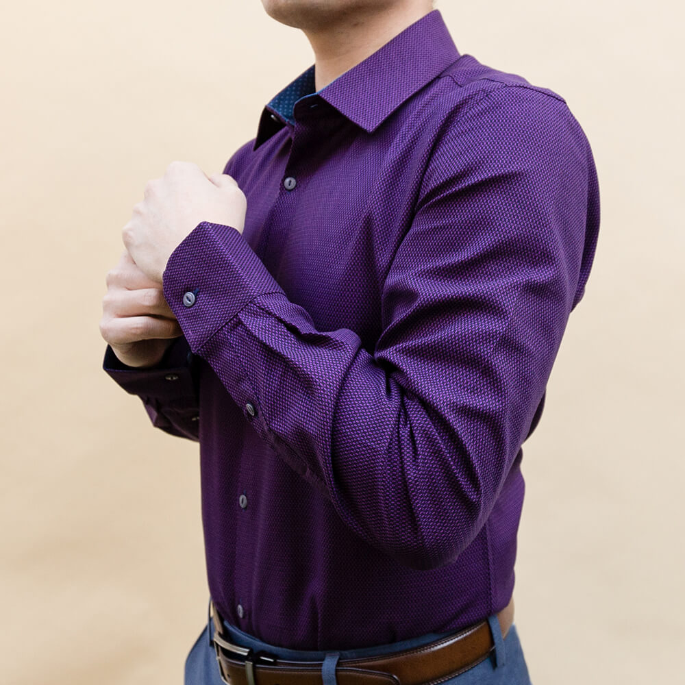model is 5'5" 130 lbs wearing size n1 in purple weave cotton slim fit shirt