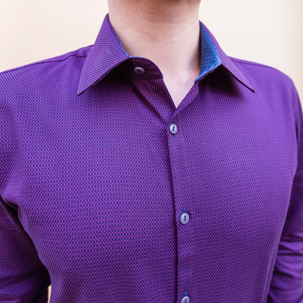 model is 5'5" 130 lbs wearing size n1 in purple weave cotton slim fit shirt