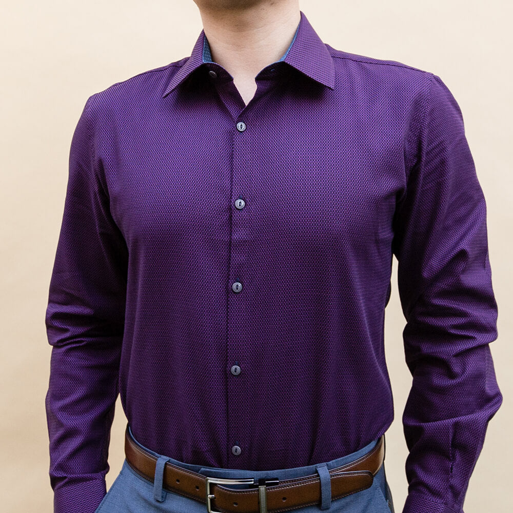 model is 5'5" 130 lbs wearing size n1 in purple weave cotton slim fit shirt