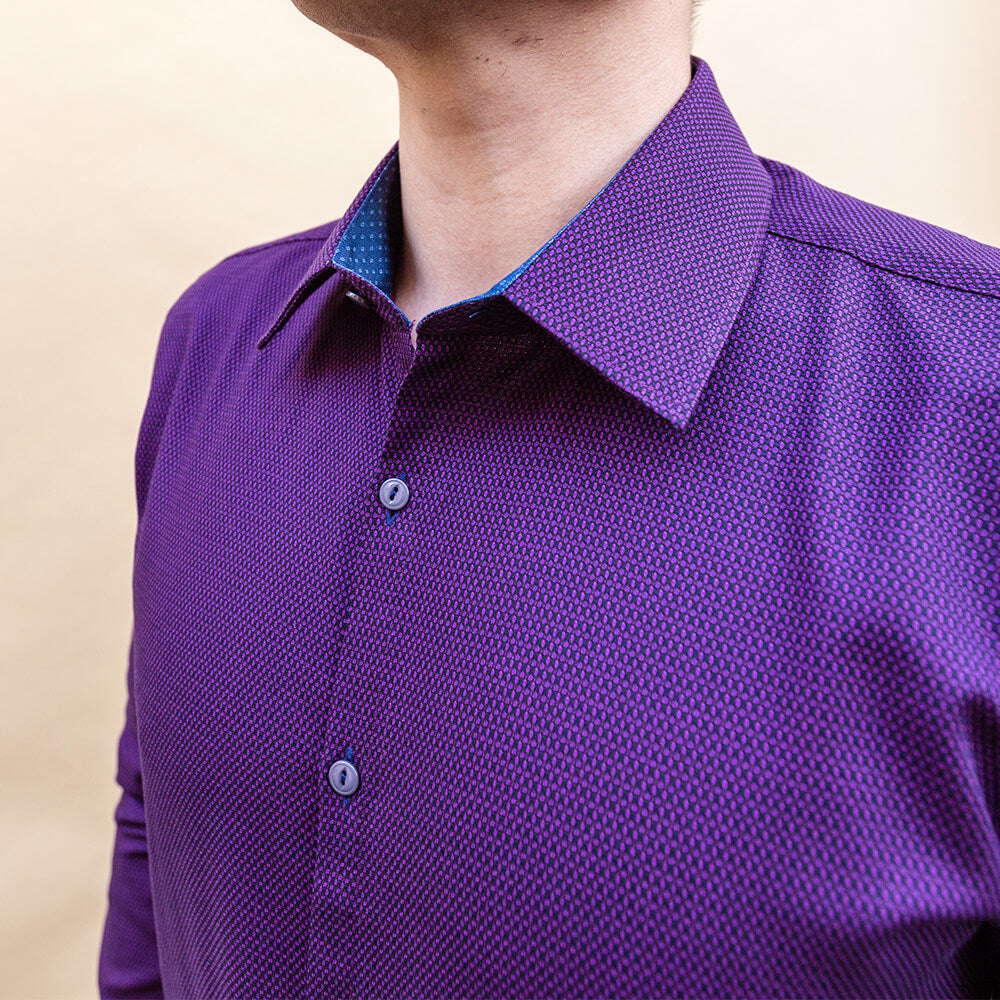 model is 5'5" 130 lbs wearing size n1 in purple weave cotton slim fit shirt