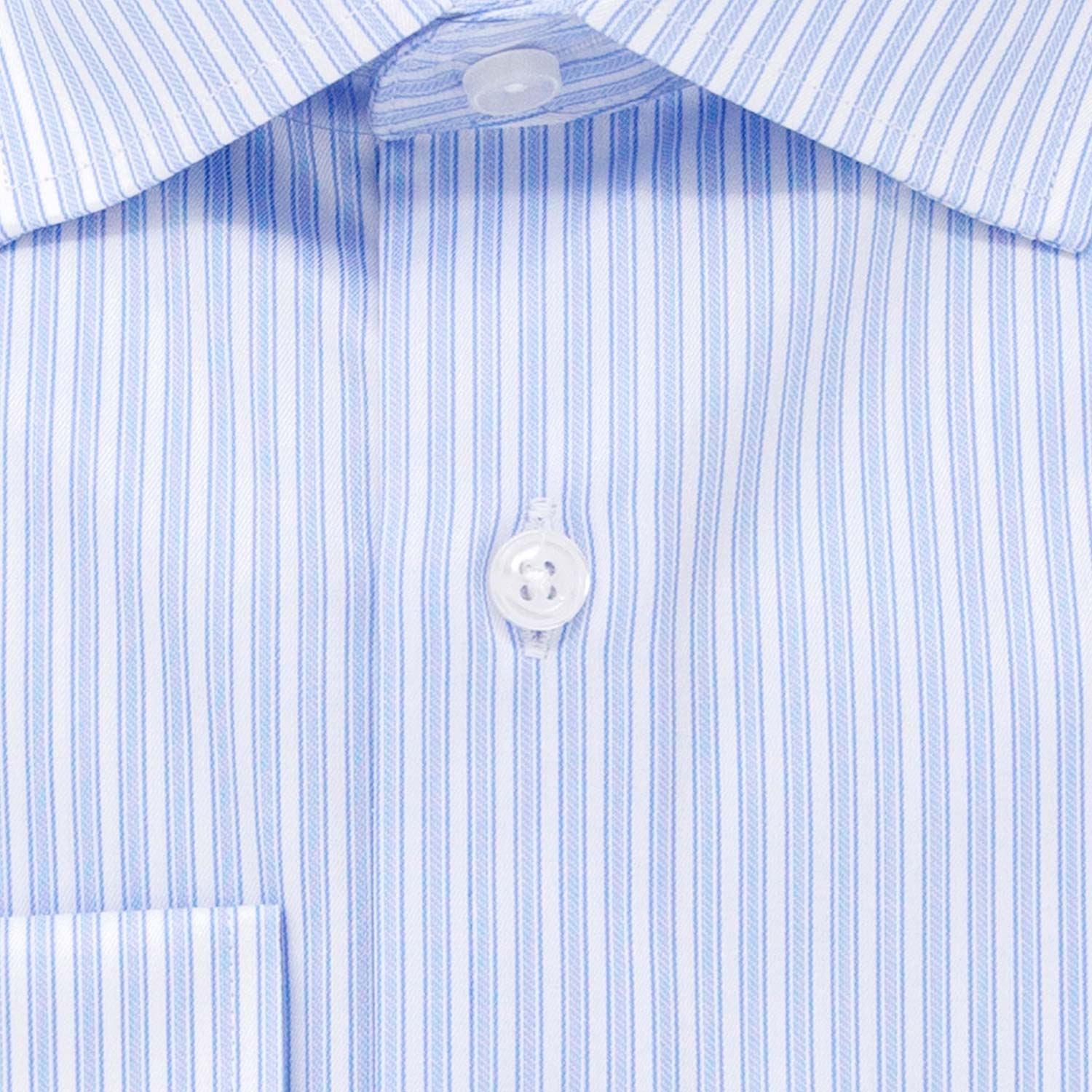 mens blue and white striped dress shirt close up showing button and fabric details | Slim Fit Blue and White Striped Button Up Shirt for Men  - Nimble Made