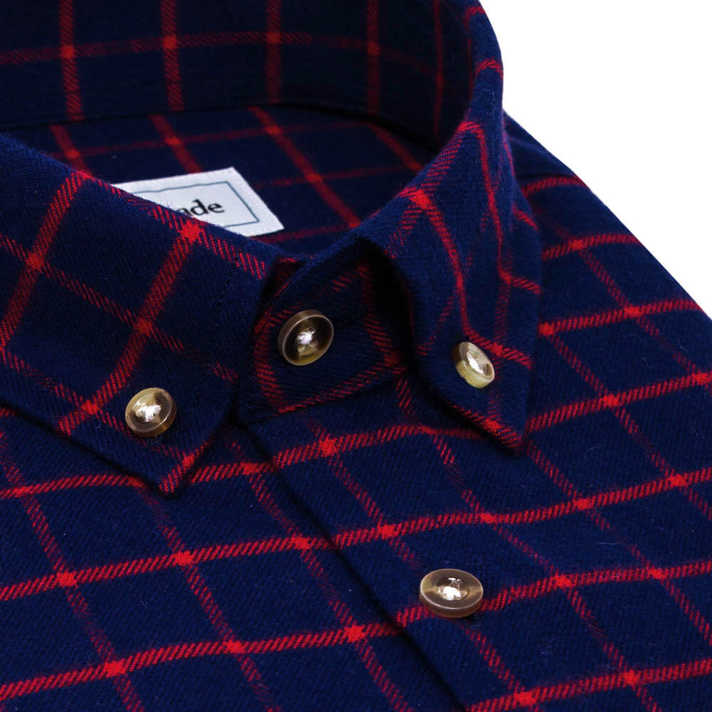 dark blue plaid shirt with red stripes pattern