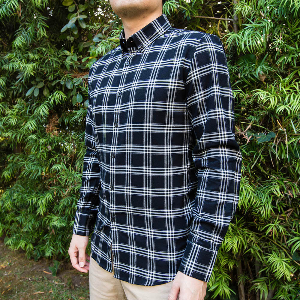 model is 5'5" and 110 lbs wearing size n1 of 100% cotton brushed flannel button down shirt