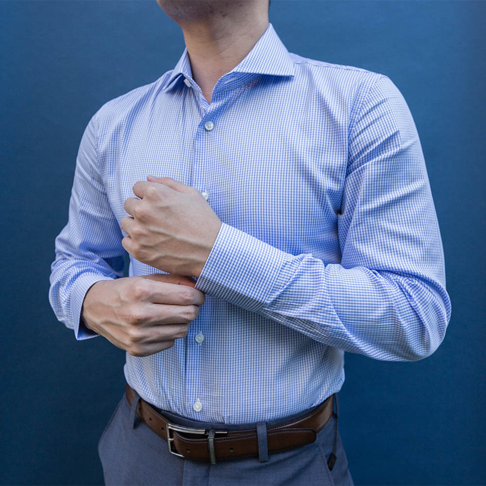 model is 5'5" 120 lbs wearing size n1 in 100% cotton checked weave slim fit