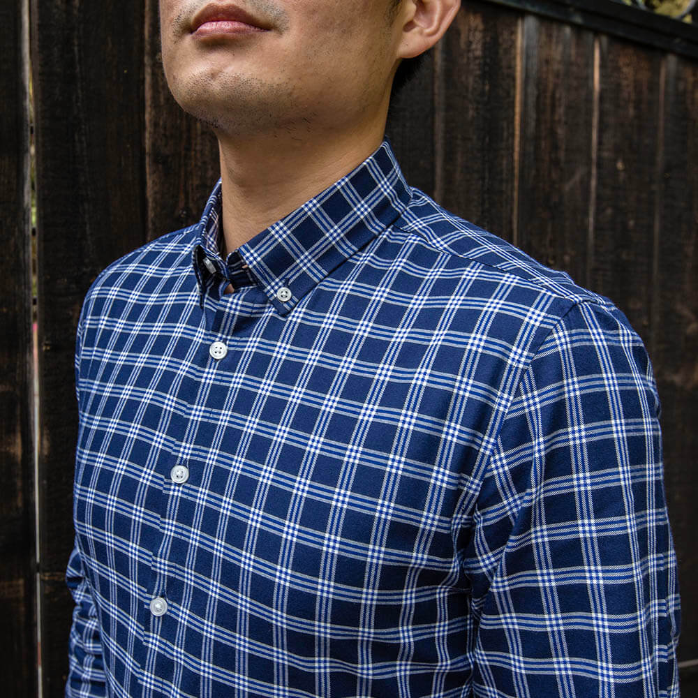 blue and white button down collar cotton flannel shirt for men