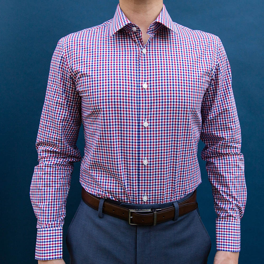 model is 5'5" 130 lbs wearing size n1 in red blue white gingham weave slim fit