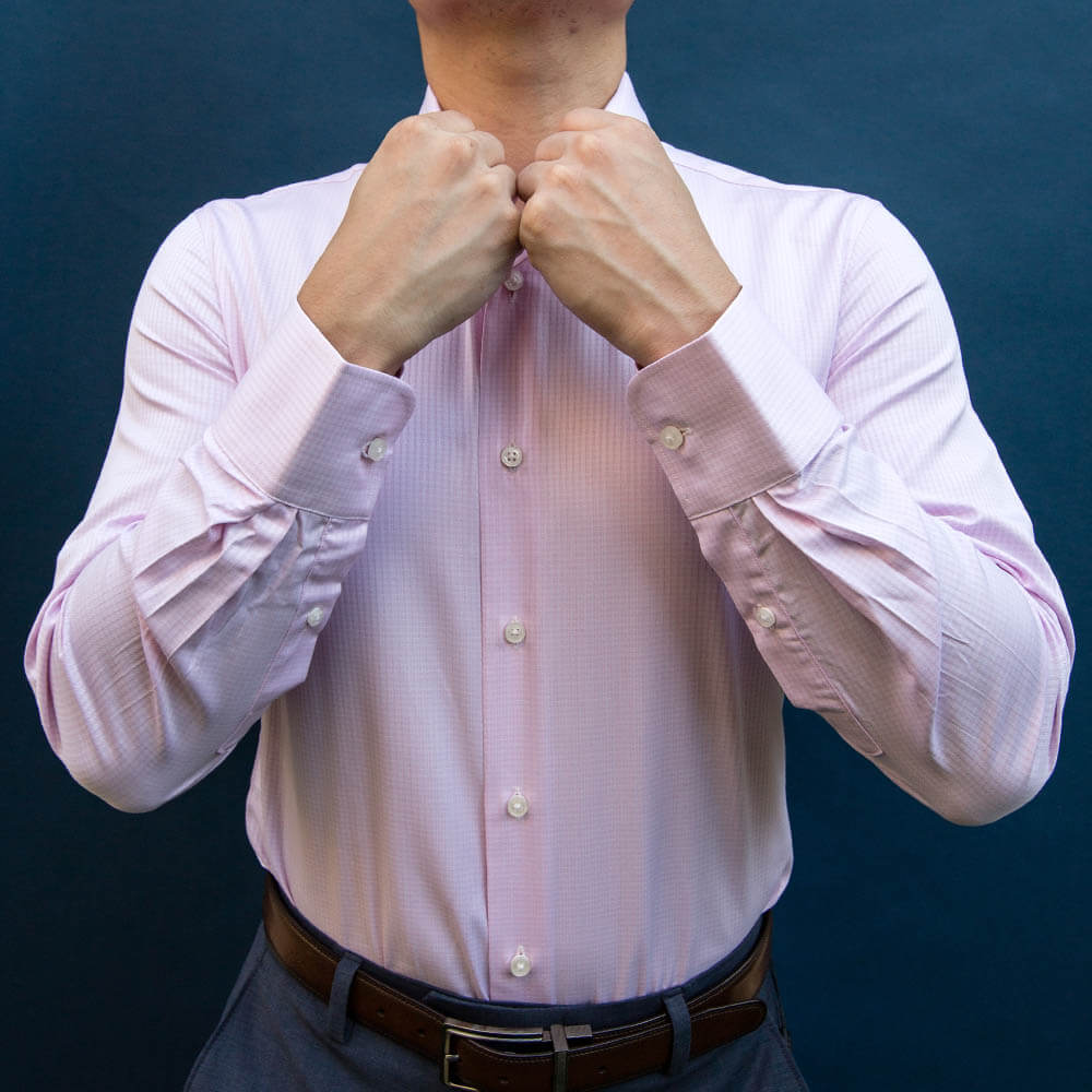 model is 5'5" 120 lbs wearing size n1 in pink cutaway check weave slim fit