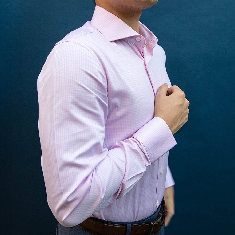 model is 5'5" 120 lbs wearing size n1 in pink cutaway check weave slim fit