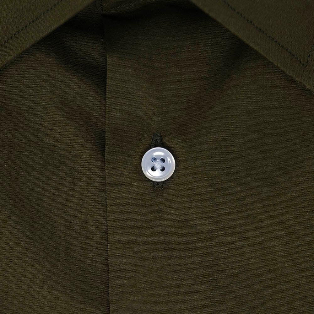 closeup of button on army green dress shirt