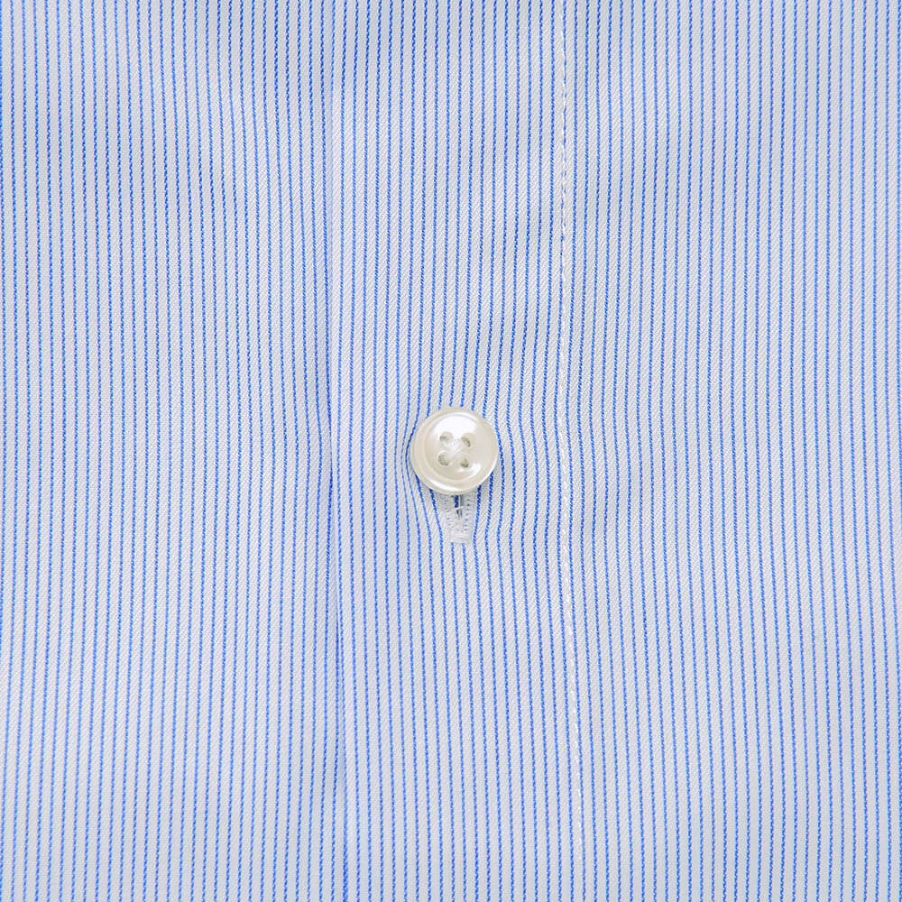 blue business shirt closeup of stripes and button fabric | Slim Fit Blue and White Striped Dress Shirt | Shop The Grand Canal Collared Long Sleeve Button Up