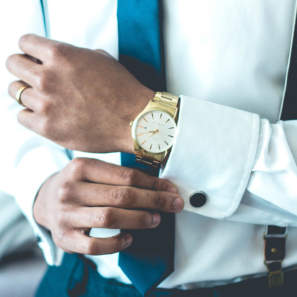 men's french cuff on white dress shirt