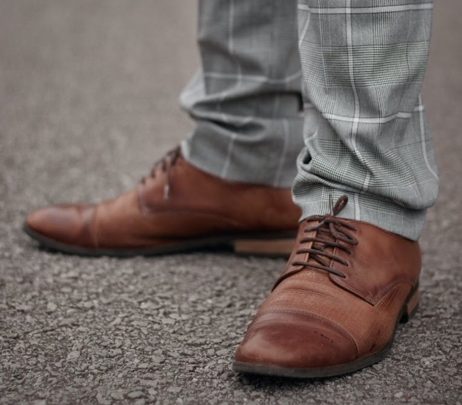 grey pants brown shoes example on a man