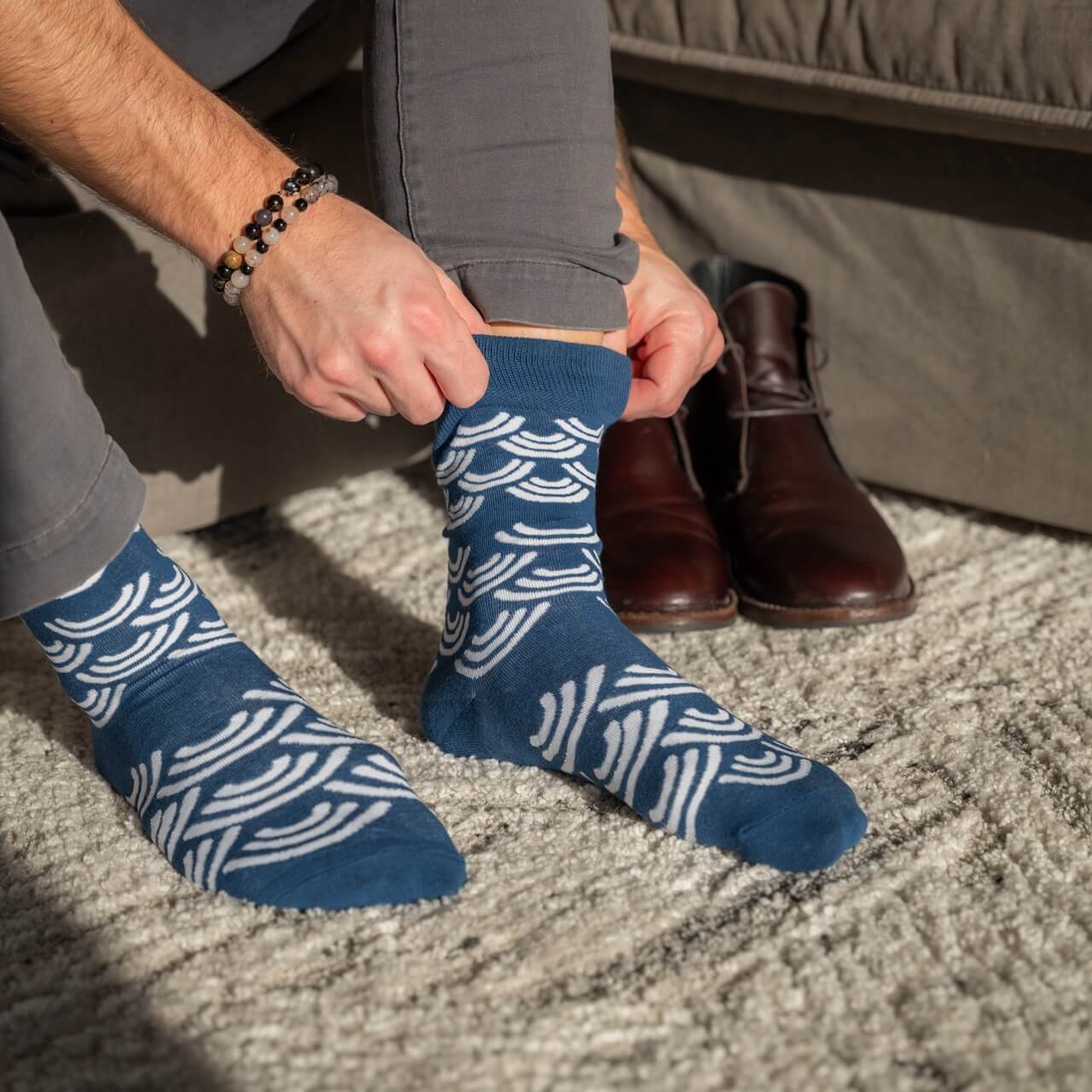 Men's Blue Patterned White Waves Colorful Fun Dress Socks Men's Blue Patterned White Waves Colorful Fun Dress Socks