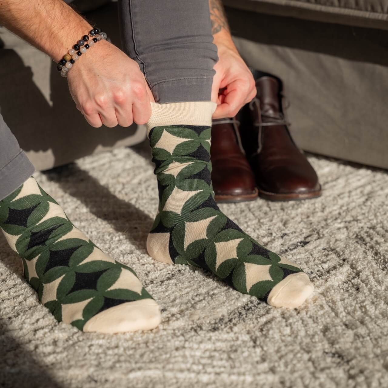 Men's Green and Beige Patterned Colorful Fun Dress Socks Men's Green and Beige Patterned Colorful Fun Dress Socks