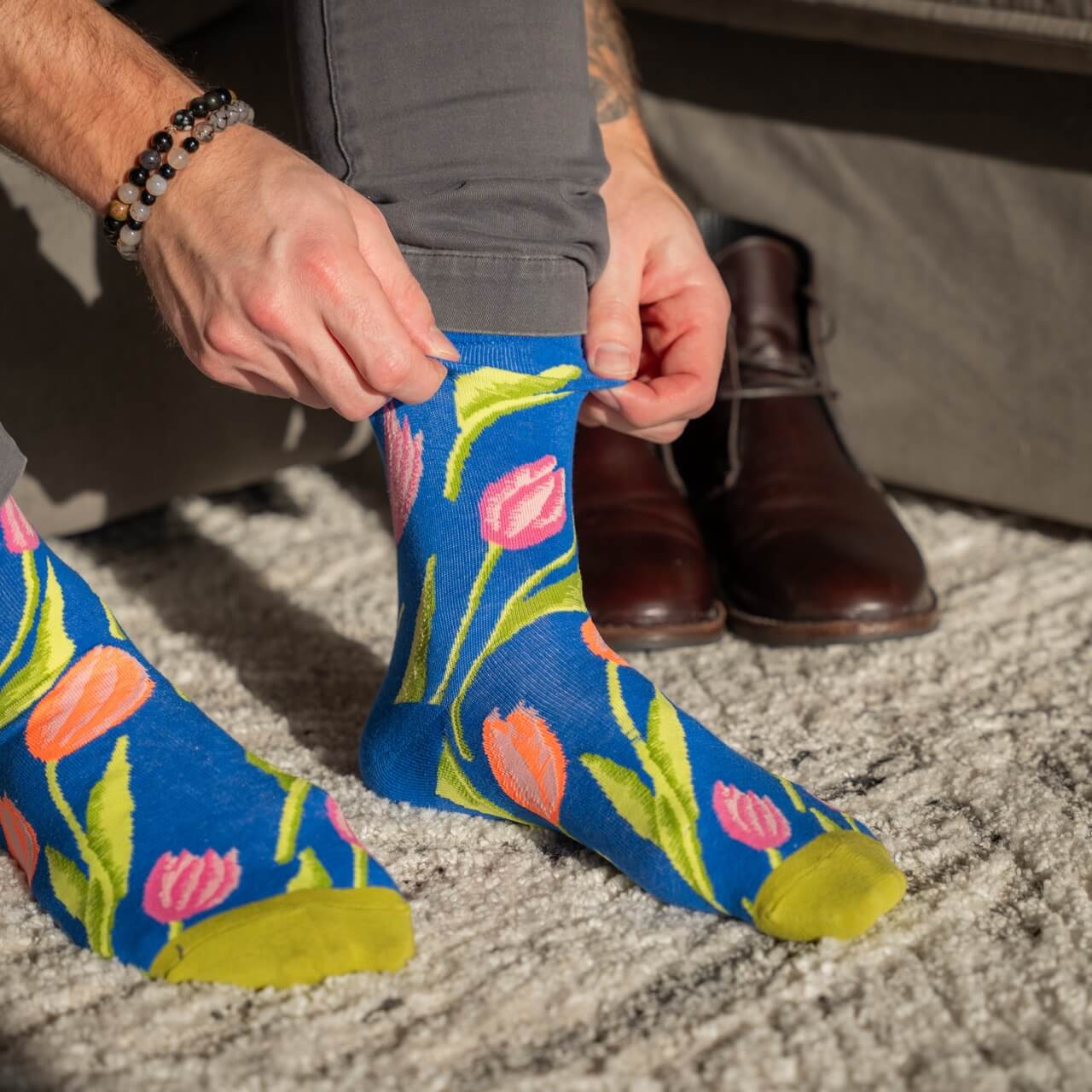 Men's Navy Blue Floral Tulip Fun Colorful Dress Socks – Nimble Made
