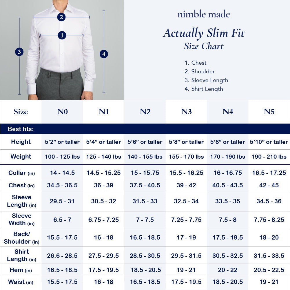 nimble made actually slim fit skinny size chart for collared shirts men