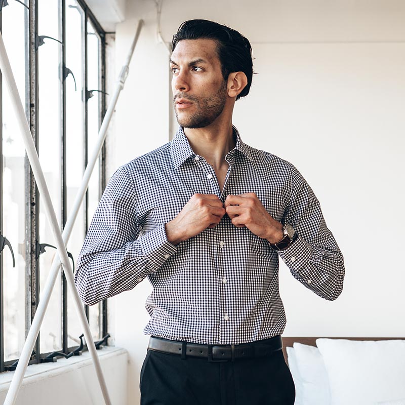 dark blue checked gingham pattern slim fit dress shirt on model