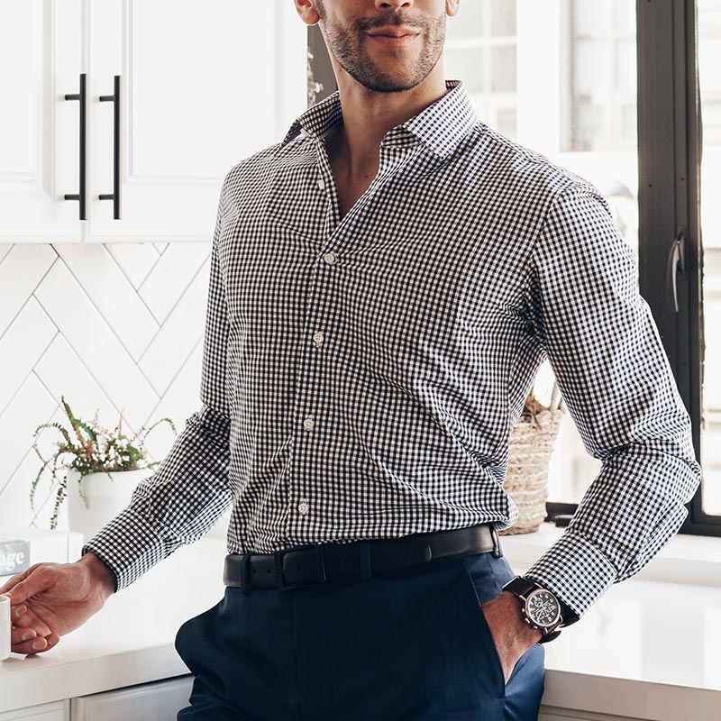 dark blue dress shirt slim fit on male model lifestyle 