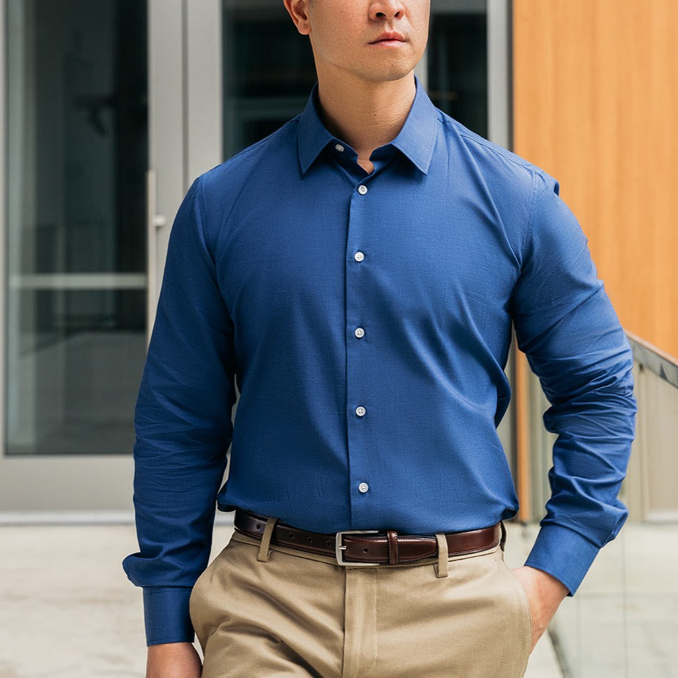 mens slim fit heather blue shirt on business professional man