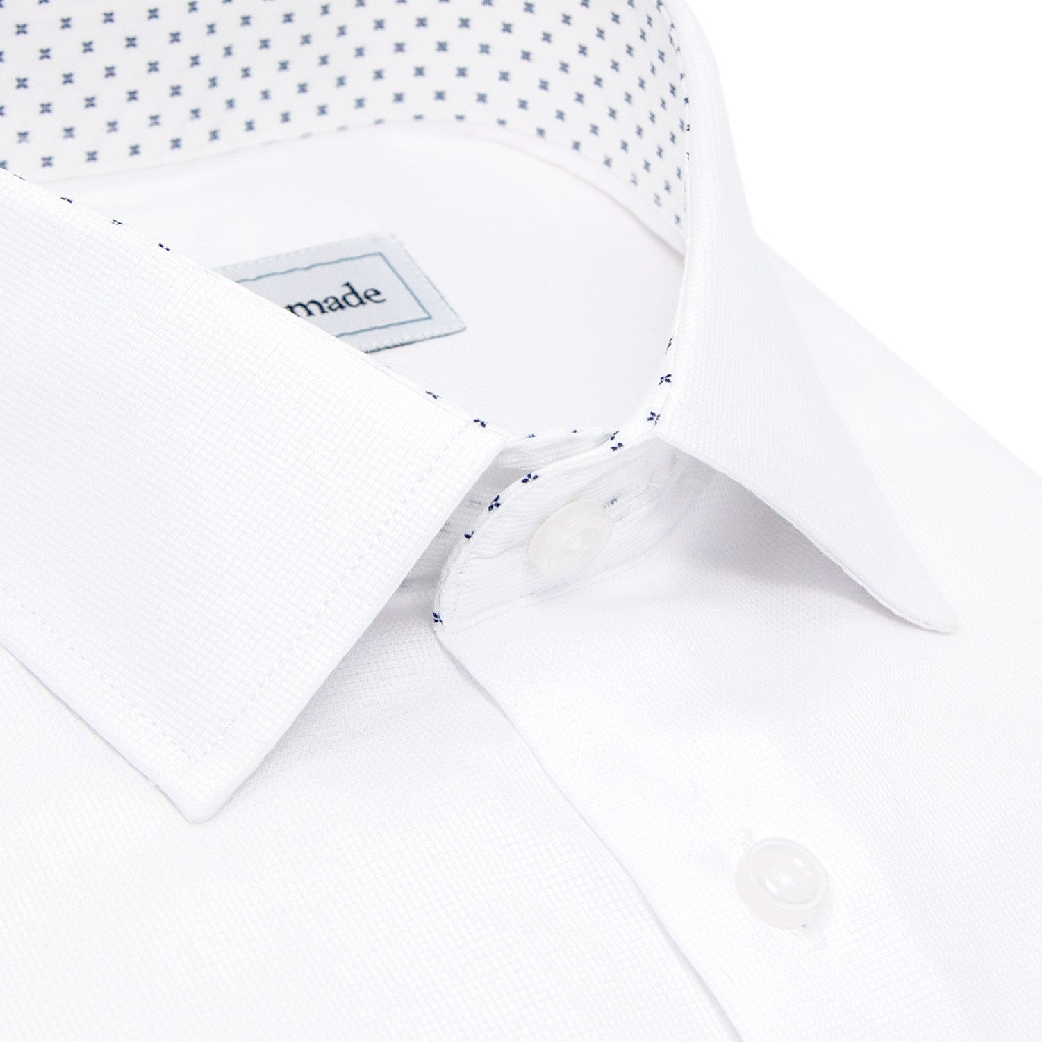 mens white collared shirt close up of contrast collar lining