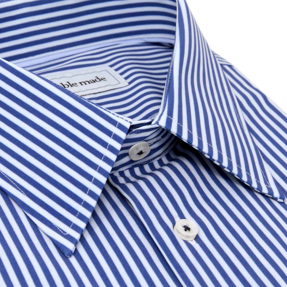blue and white striped dress shirt closeup of collar