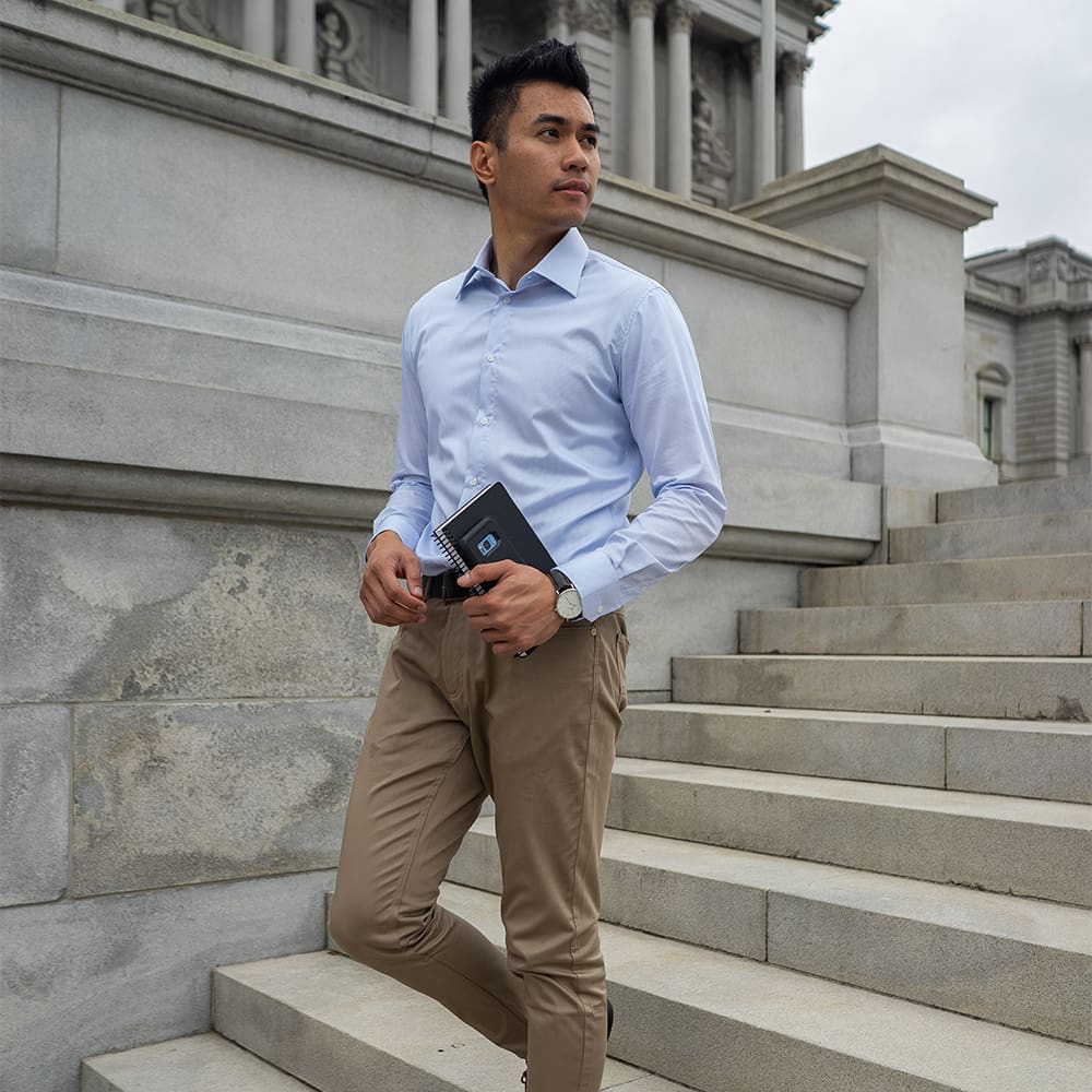 white and blue dress shirts paired with khaki pants