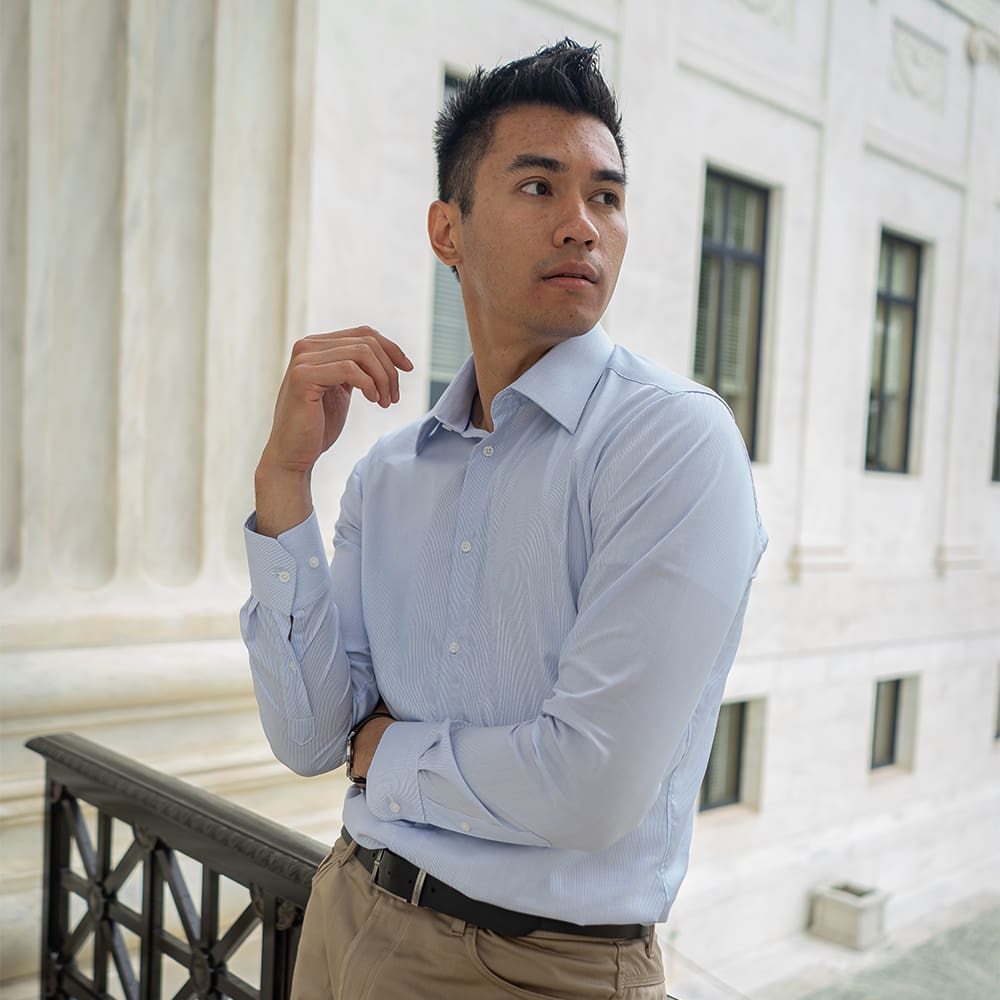 Men's White and Blue Striped Dress Shirt