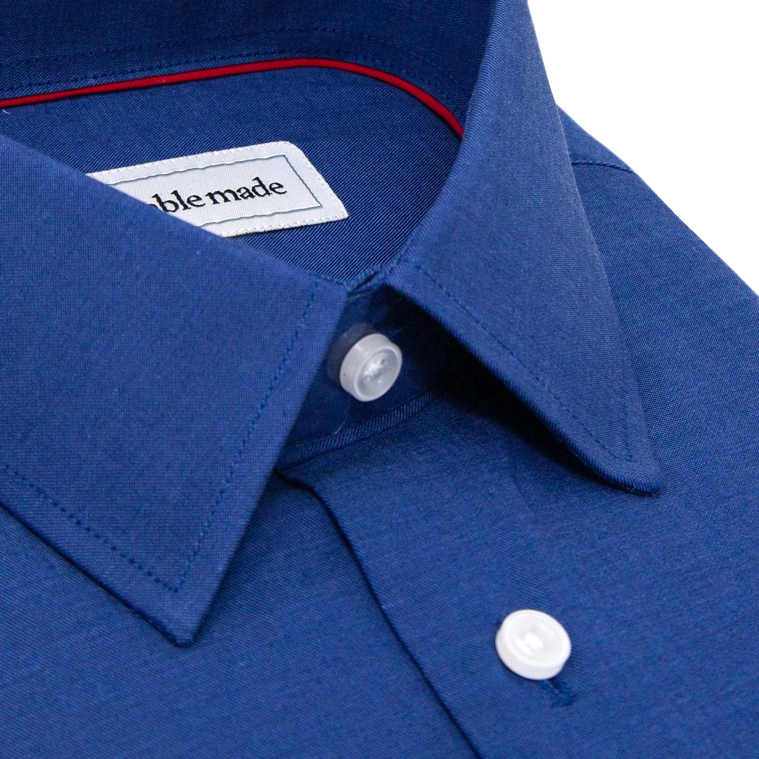 mens slim fit blue collared shirt closeup on collar