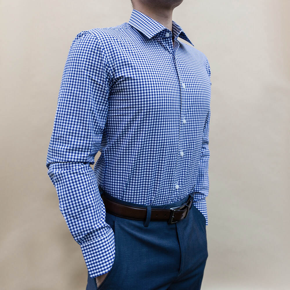 side view of navy blue checkered dress shirt