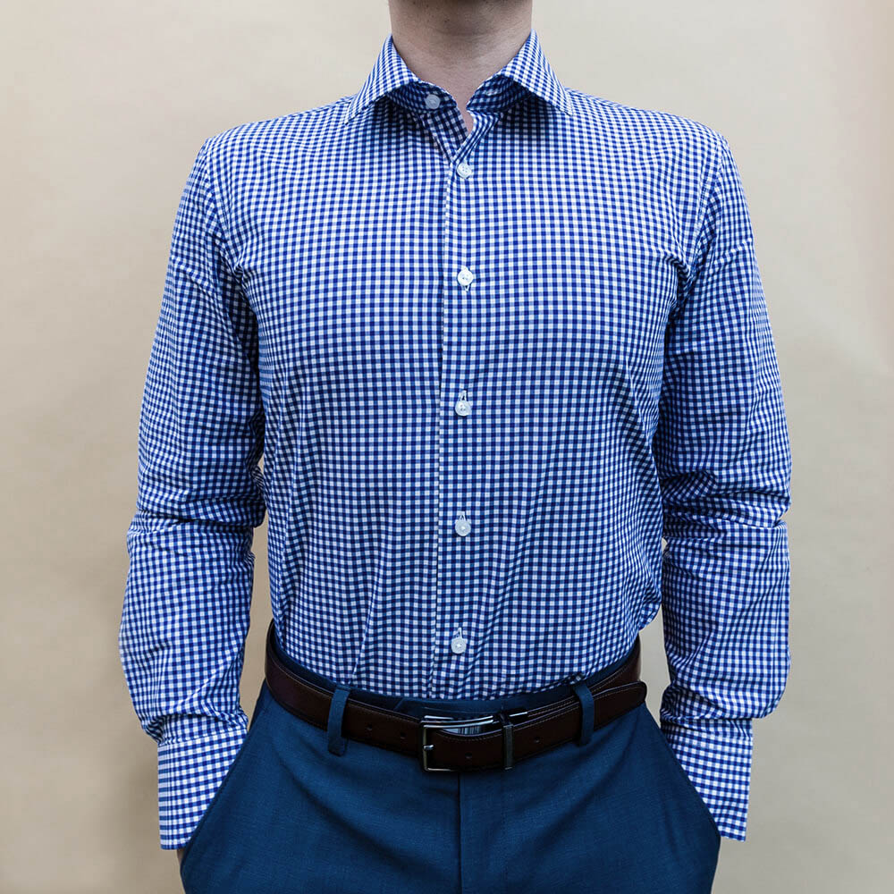 front view of nimble made's blue checkered dress shirt