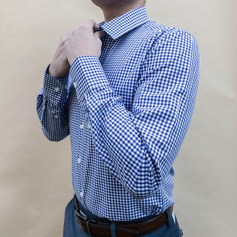 navy blue checked shirt for business professional attire