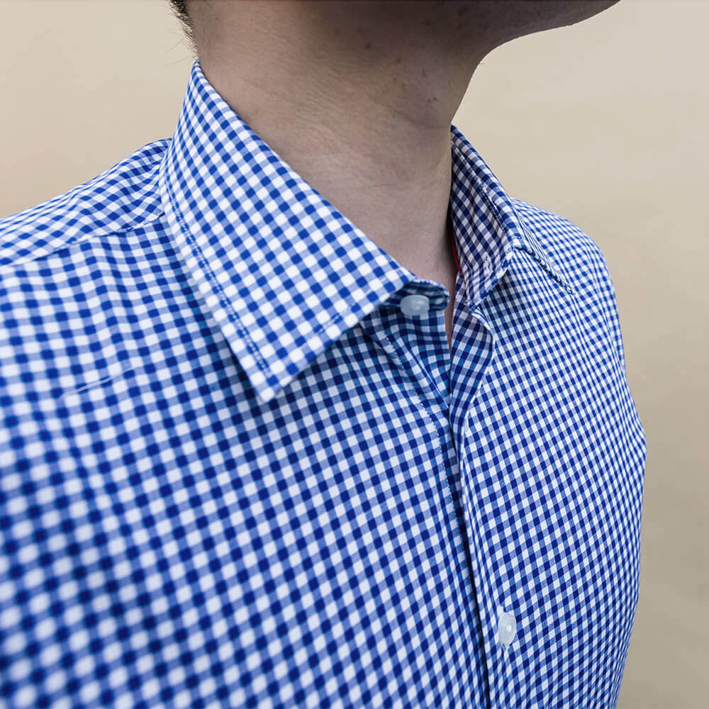 closeup of collar on a check dress shirt