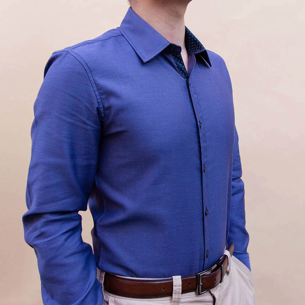 dark blue navy azure blue shirt on man with chino pants